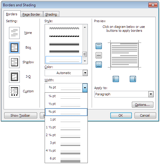Using Borders in Word 2003 and earlier